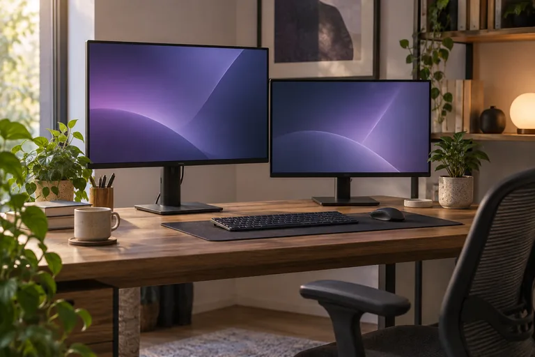 Two monitors with abstract violet screens on an organized desk.